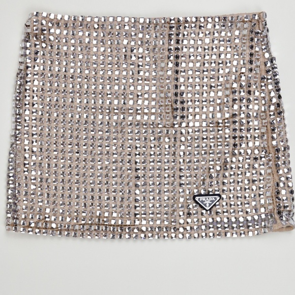 Prada Embellished Crystal Sequin Silver Mirrored Mini Skirt - Picture 5 of 9